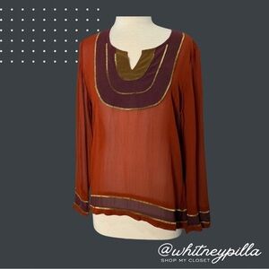 Bohemian Long Sleeve Lucky Brand Sheer Top with Gold Bead Detail women’s Medium